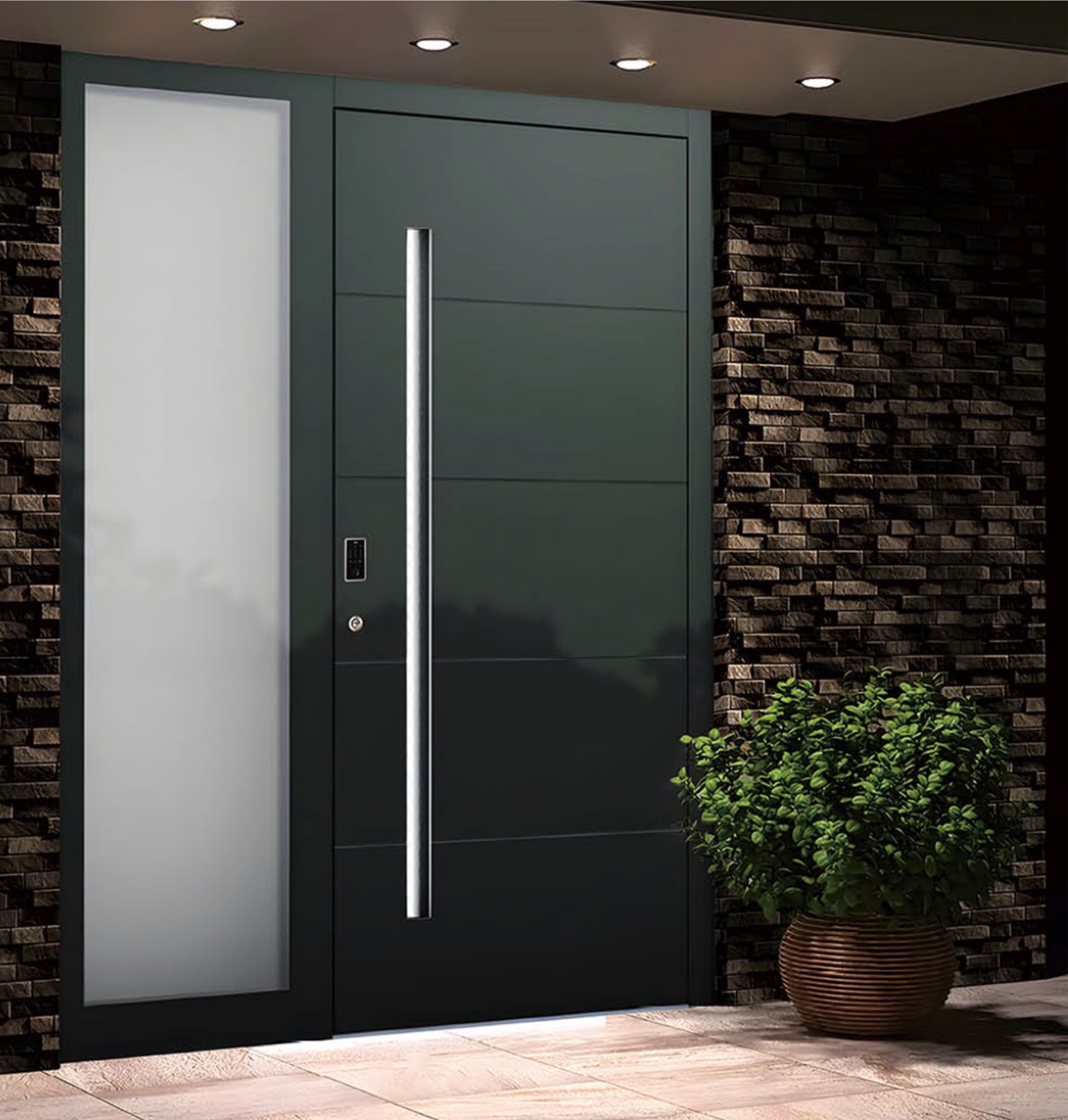 Dark grey aluminium entry door with full-height handle and glass sidelight