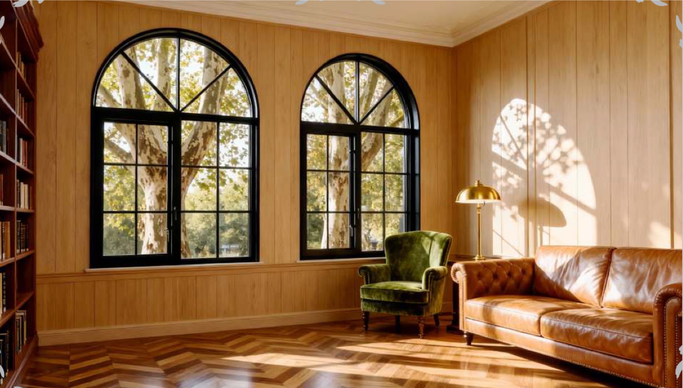 Black arched French windows in a wood-panelled room