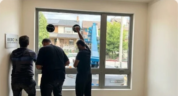 Installers fitting a large replacement window from inside a room