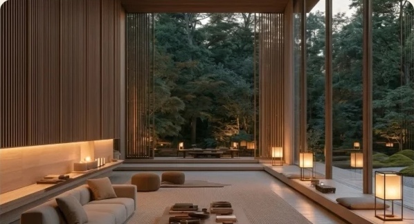Lounge with floor-to-ceiling glazing between timber screens, looking onto trees