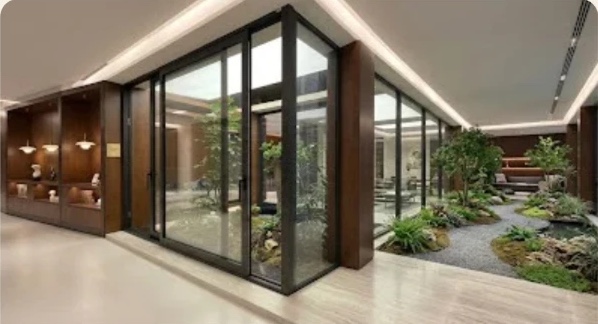 Corridor with black-framed glass sliding doors around a planted indoor courtyard