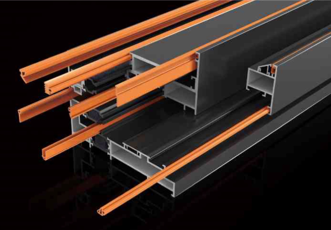 Exploded profile with three orange co-extruded rubber seals