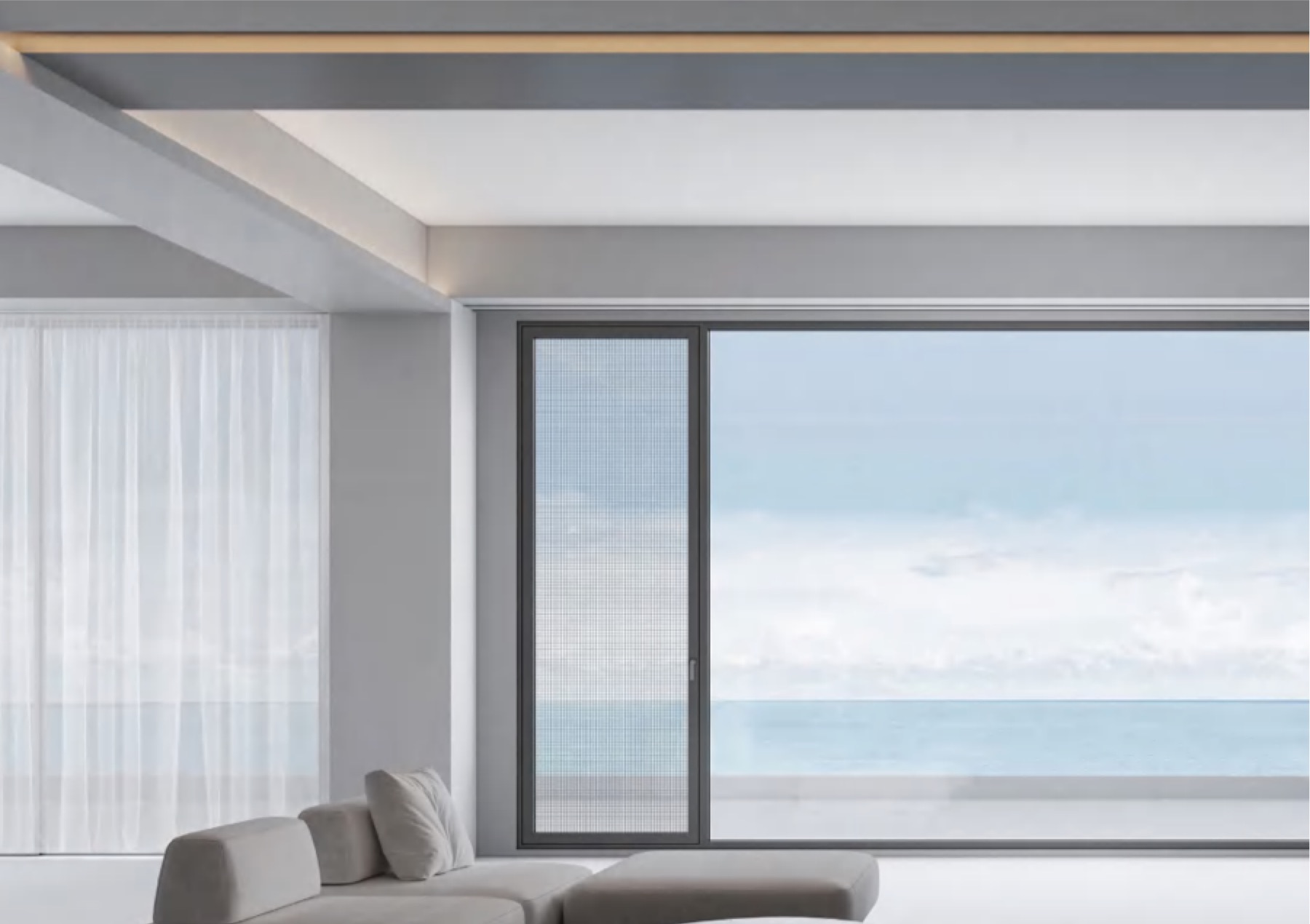 Living room with a large dark-framed window and integrated screen